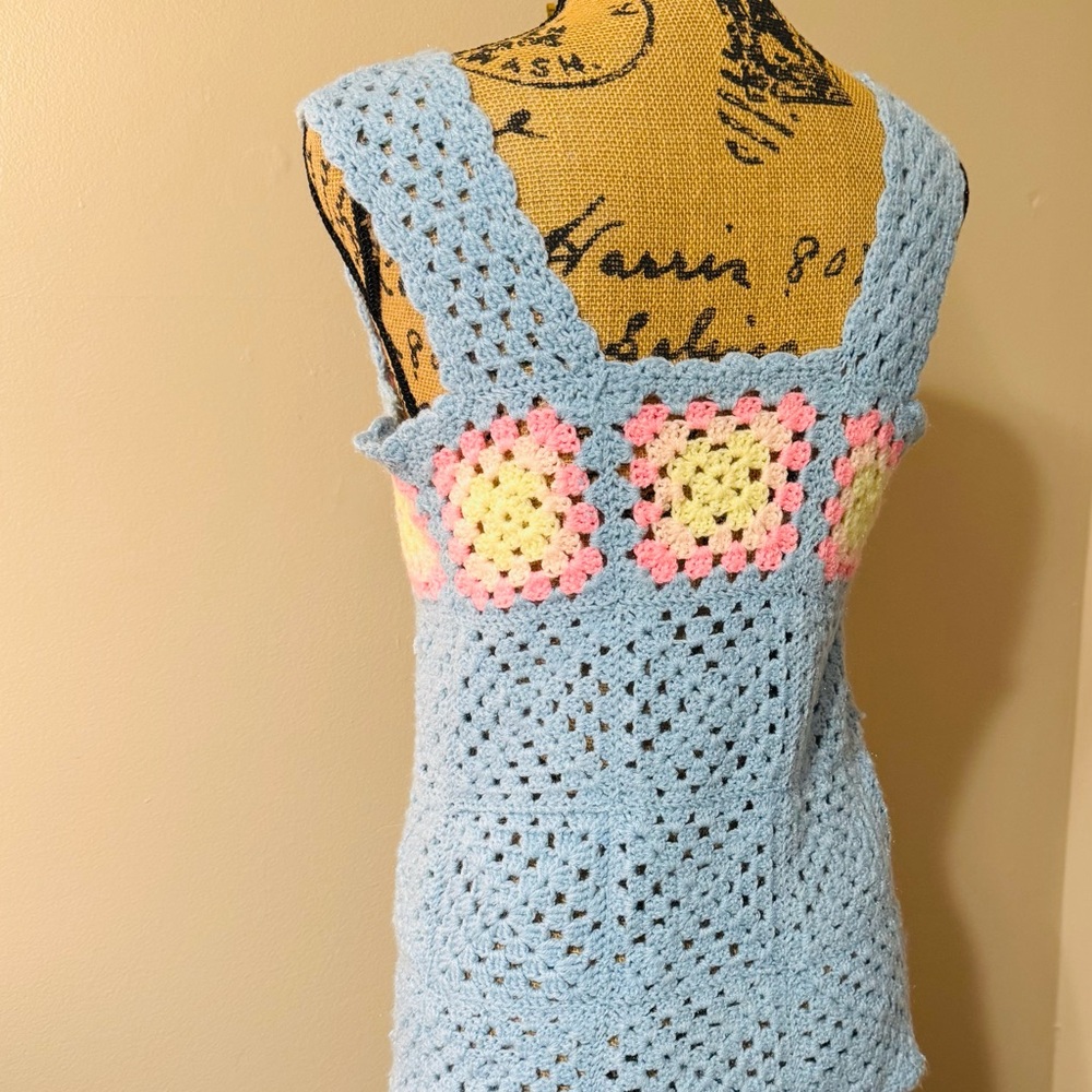 Vintage 2 PC Crochet Cardigan Sweater - Blue, Pink, Yellow - Picture 4 of 4
